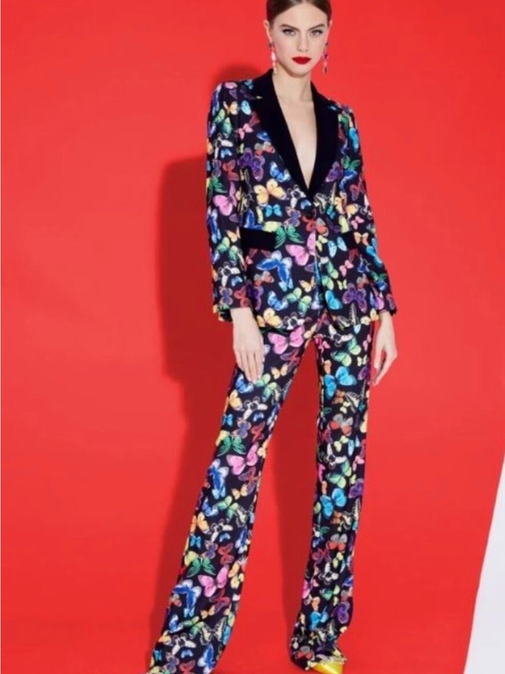 Alice + Olivia Black Butterfly-Print Wide Leg Pantsuit